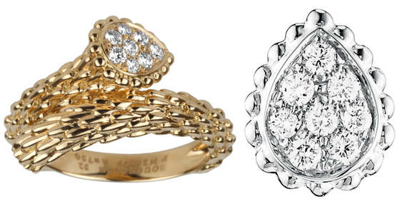Anillo serpiente en oro amarillo y brillantes, junto a un broche en plata con brillantes también.