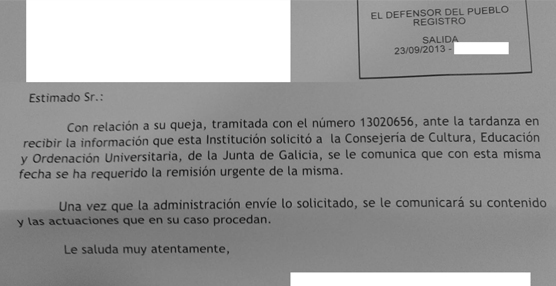 Fragmento de la carta enviada por el Defensor del Pueblo a la EE.AA, fechada el pasado 23 de septiembre.