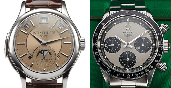 Dos de los modelos subastados: Un Patek en platino y esfera dorada, junto a un Rolex edición especial Paul Newman. 