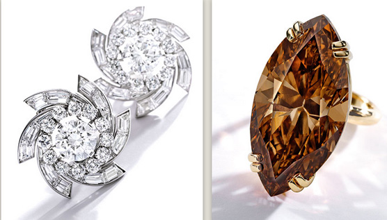 A la derecha, impresionante anillo con un diamante de 50,34 quilates marrón anaranjado. El precio estimado se encuentra entre los 900.000 y 1,1 millones de dólares.  
