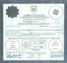 Un certificado Kimberley de procedencia dudosa, emitido desde Sierra Leona. Foto: Centro del Diamante de Amberes