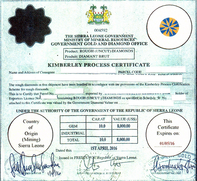 Falso Certificado Kimberley de diamantes