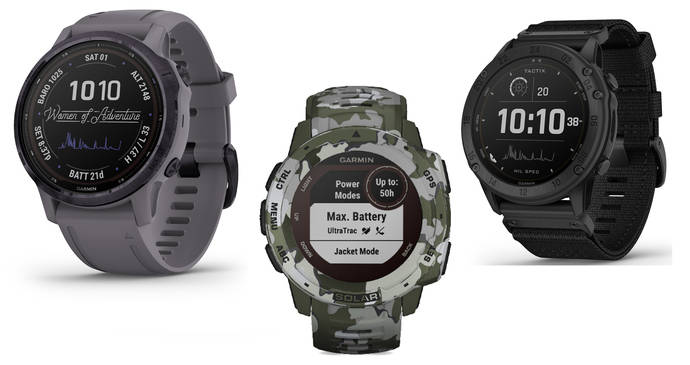 Tres de las nuevas versiones solares de Garmin: Fenix, Instinct y Tactic.