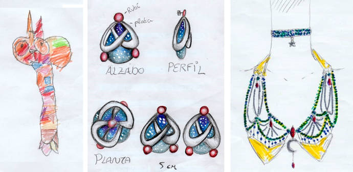 Tres de los diseños entregados por los escolares murcianos (broche, pendientes y collar), en las categorías de 4, 10 y 12 años.