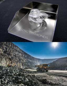 Arriba, el recién encontrado diamante de 202 quilates. En la imagen inferior, las enormes dimensiones de la mina de Letseng.
