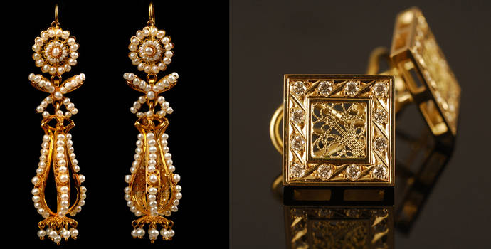 Pendientes de farol, en oro y aljófar, junto a otros pendientes en oro y diamantes. Fotos Luis F. Lorenzo. 