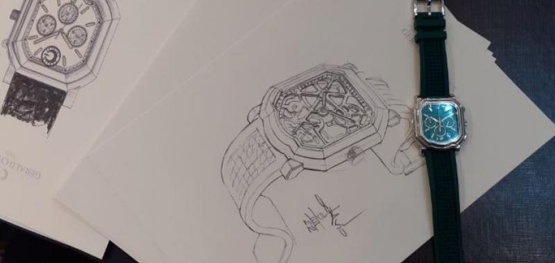 Boceto original del nuevo Squelette 8.0, diseñado por Octavio García, junto con el Chrono de la Colección Maestro.